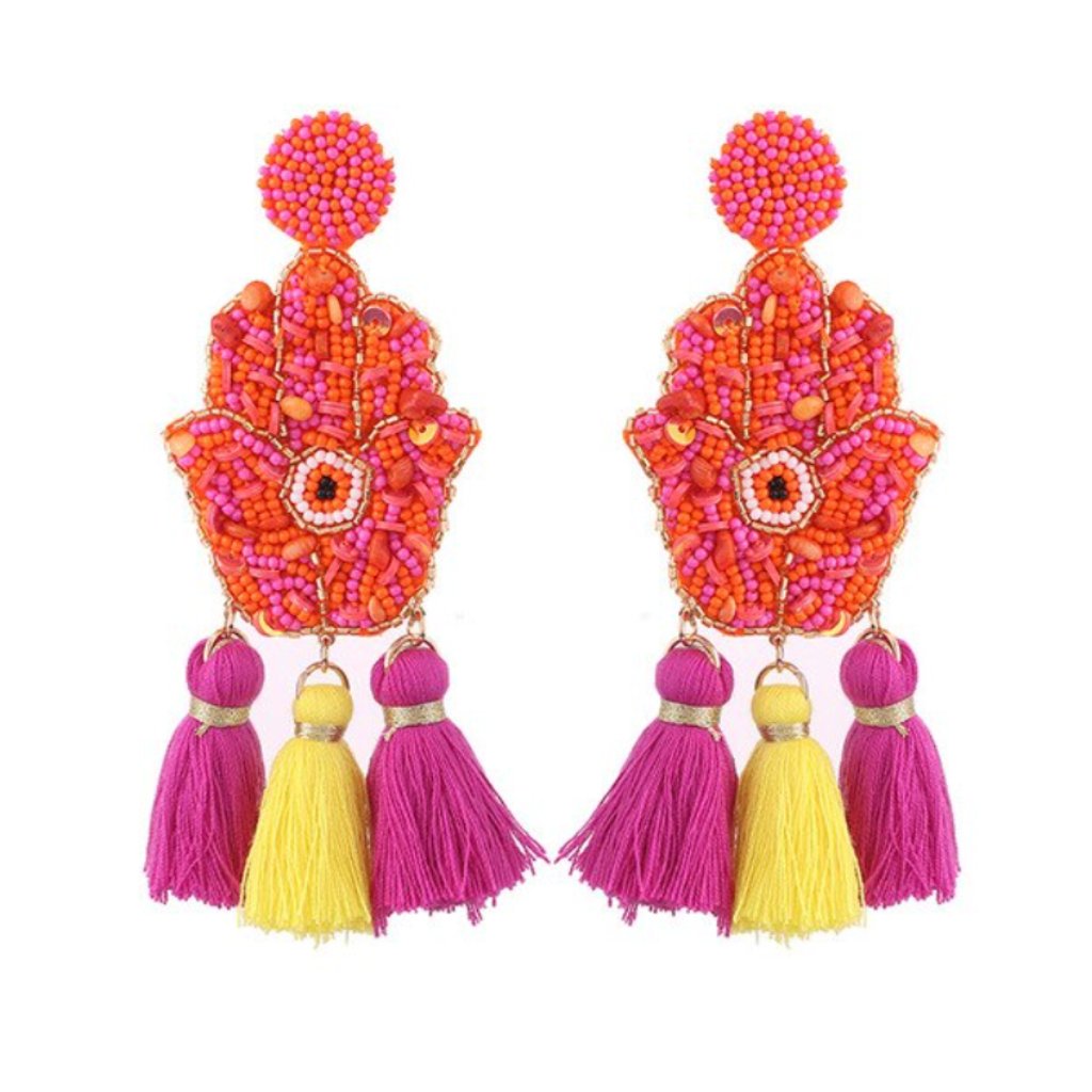 Yellow Pink Hamsa Evil Eye Tassel Boho Earrings 30$